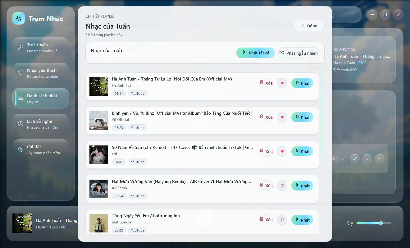 Giao diện tìm kiếm và thư viện nhạc của Trạm Nhạc - Tìm kiếm bài hát từ YouTube